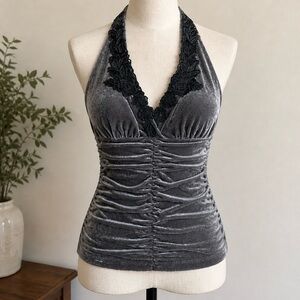 Y2K Shimmery Gray Velvet Halter w/Lace Trim, Size M, Soft Grunge, Dark Feminine